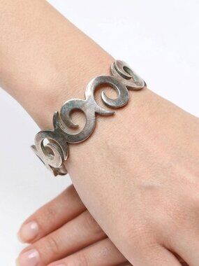 Vintage Nickel Silver Swirl Cuff Bracelet - Boho Tribal Spiral Design - NS A18